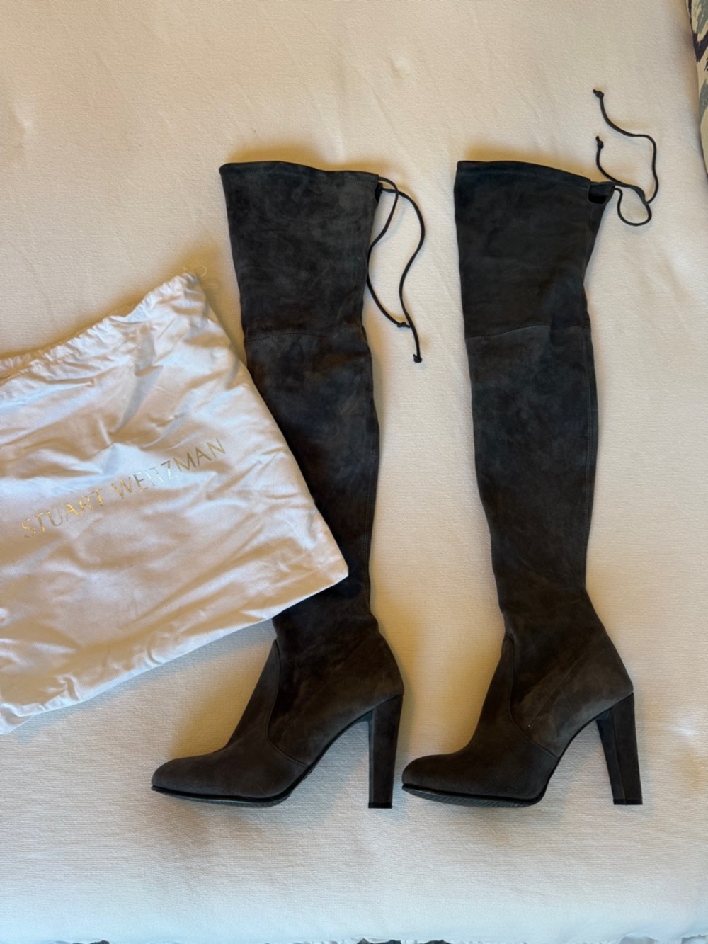Stuart Weitzman Highland Stretch Suede Over-the-Knee Heeled Boots Dark Gray